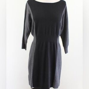 Ann Taylor Marino Wool Cotton Sweater Dress LG Black/Gray Knit Vertical Stripe